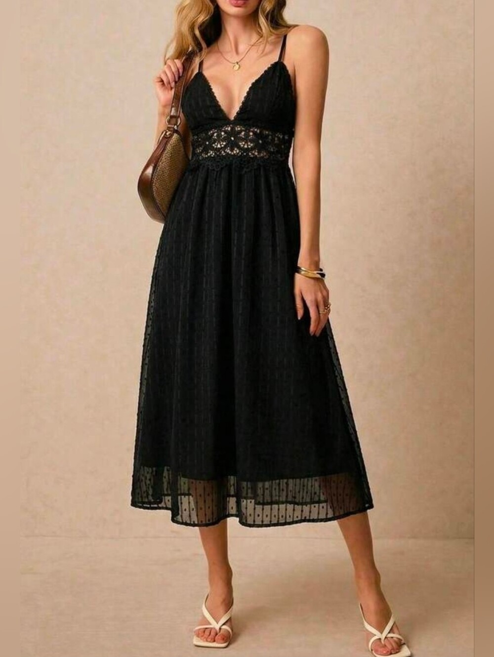 New Boho Embroidered Lace Swiss Dot Midi Cami Dress Black